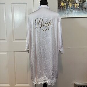 White Satin Bride Robe Gold‎ Graphic Lace Trim Wedding Morning Kimono Lingerie